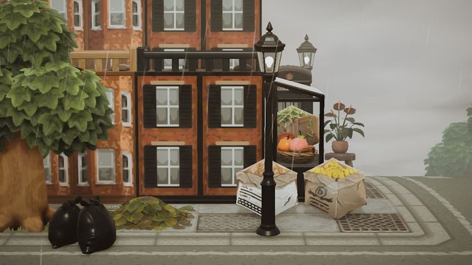 An Animal Crossing island is decorated to look like a street in New York City. A series of Brownstone apartments can be seen, made from customized items within the game. A custom path is laid to imitate a road and sidewalk.