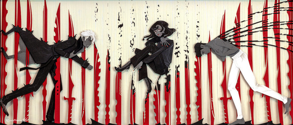 Digital scan of papercraft artwork based on V. E. Schwab's Villains Duology. Description by artist reads: Victor blantantly being skewered by the knives are very blunt representations of the episodes of severe pain he experiences throughout Vengeful. Eli’s was the most obscure, referencing his father carving 'new feathers into the torn wings of Eli’s back.’ Both boys struggling to make their way toward Marcella, who’s balancing on a bed a knives like a boss and then wisping them away without fuss.