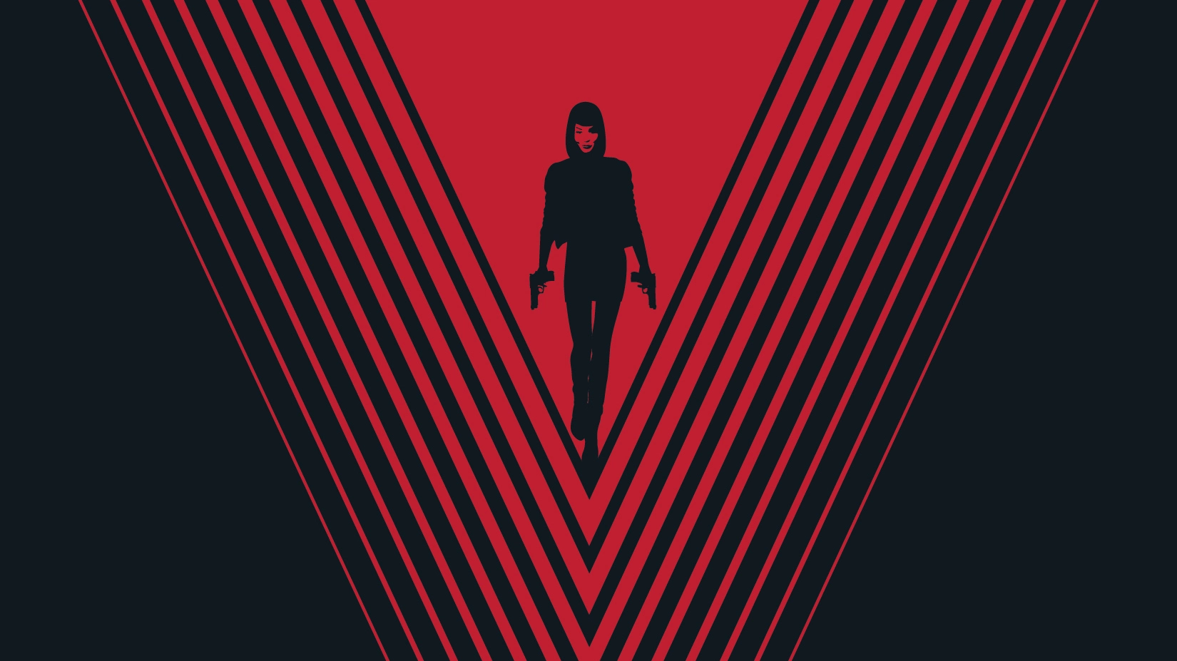 A cropped section of the cover of V. E. Schwab's "Vengeful" depicts a blood-red background with angled black sections forming a "V." In the center of the "V," a woman walking forward wit ha gun in each hand.