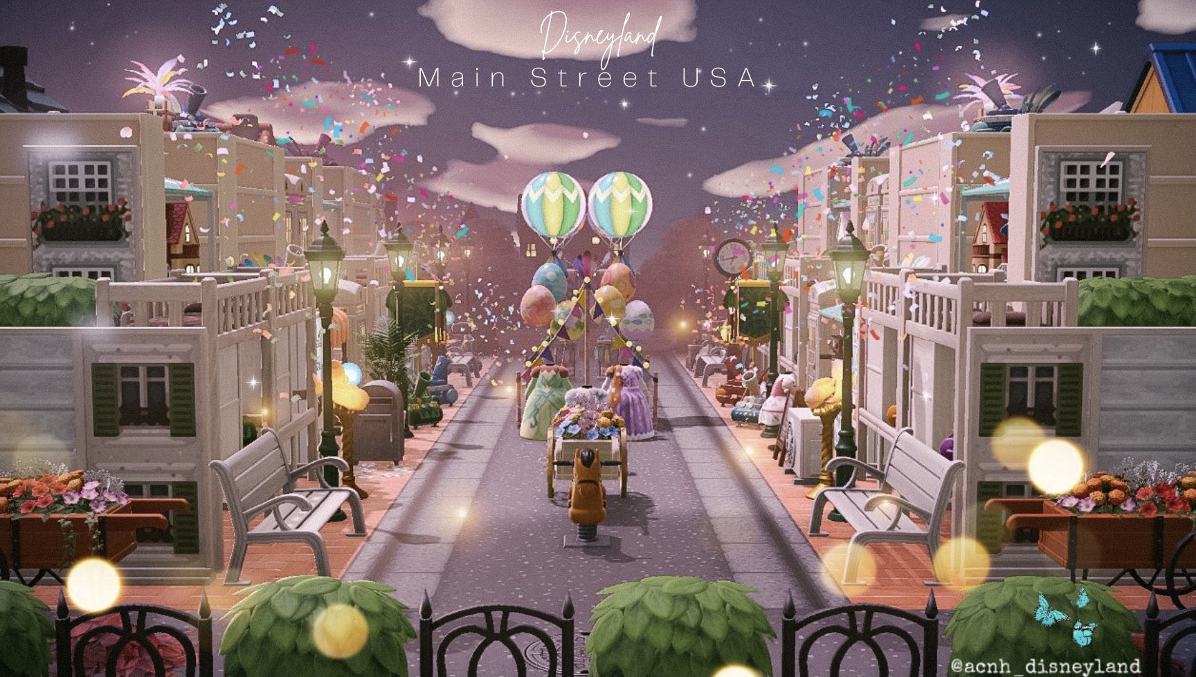 An Animal Crossing island has been decorated to look like Main Street Disney using customized items within the game. There is a parade, created using customized items within the game, headed up the street.