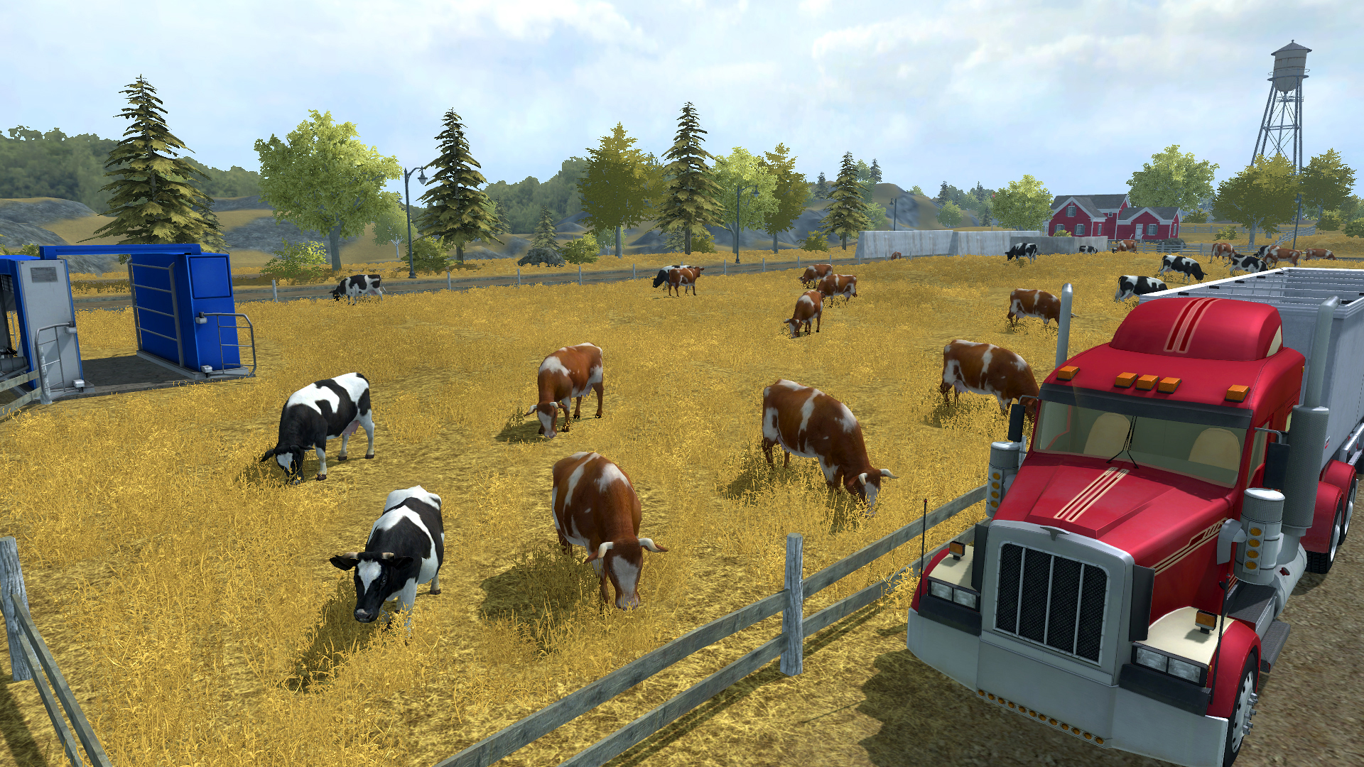 A pasture of cattle stretches across the screen and a large red semi-truck sits next to the wooden fence.