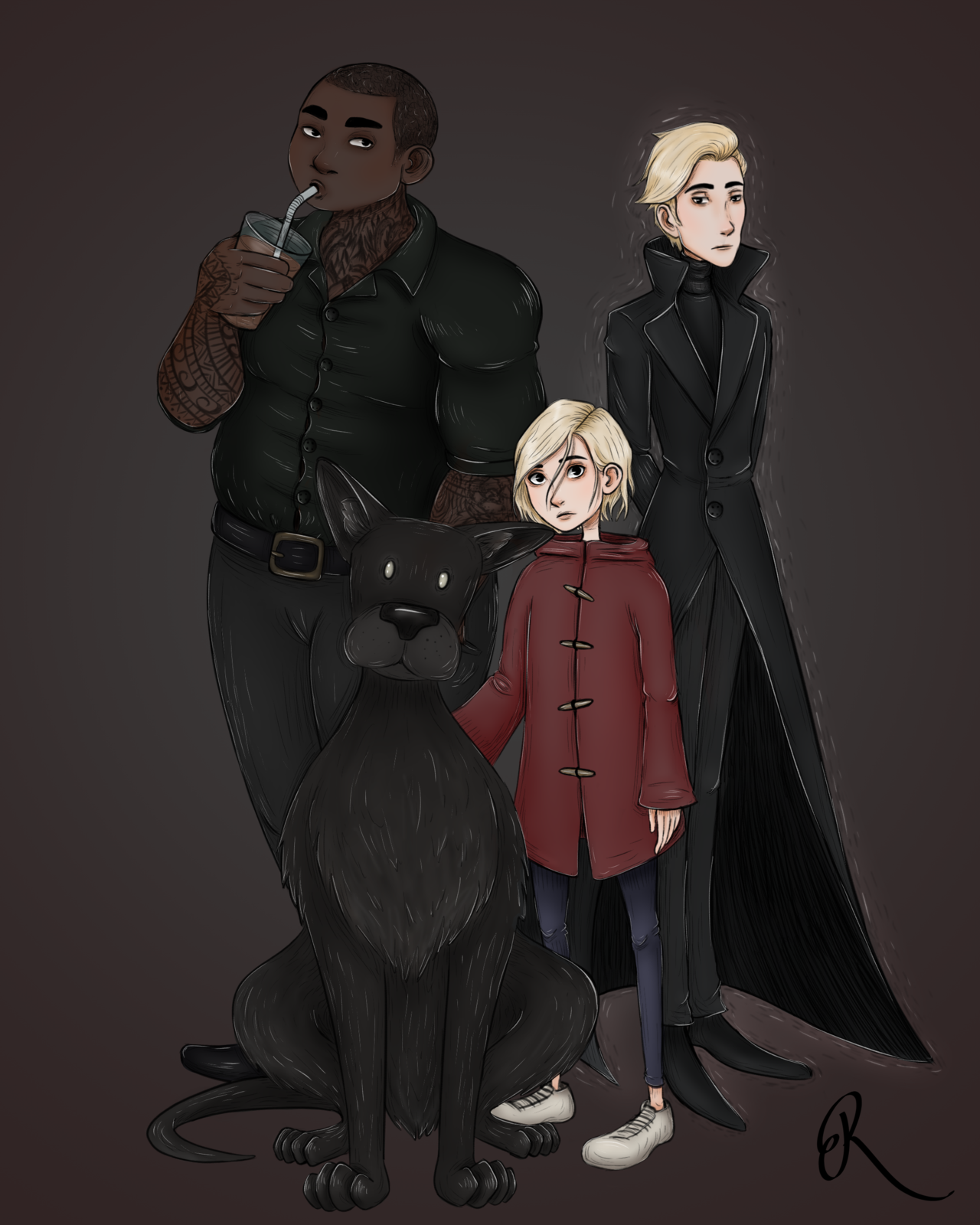 Artwork of the characters Sydney Clarke, Victor Vale, and Mitch Turner shows the trio standing together. The two men flank Sydney protectively as she stands in front of them, tiny in comparison. Sydney's large black dog, Dol. Mitch, on the left, is a tall, muscular Black man covered in tattoos and wearing all black. He casually sips chocolate milk through a straw. Victor, on the right, is slightly shorter than Mitch, extremely pale with short, blonde hair, and wearing all black. Sydney is also pale with short blonde hair. She is wearing a red coat, blue jeans, and white sneakers. 