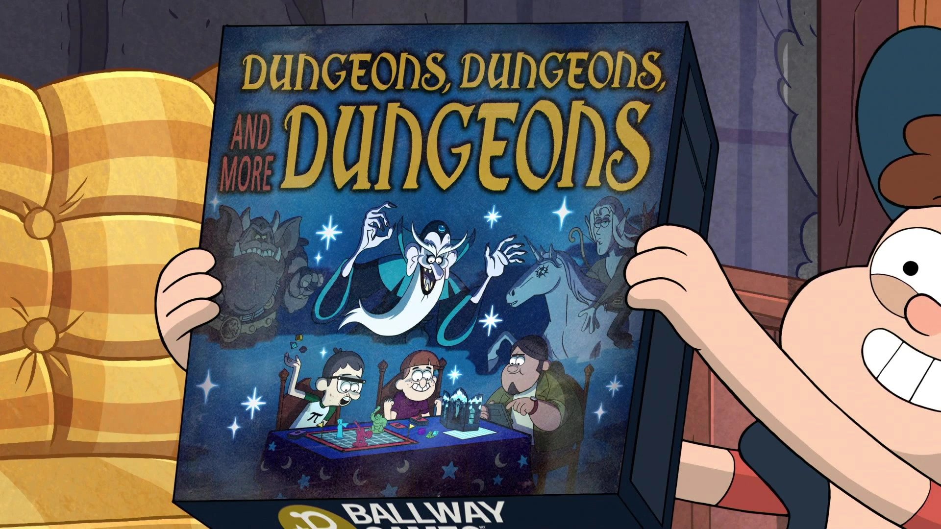 Dipper holds up a game of “Dungeons, Dungeons, and More Dungeons,” Gravity Falls. (2015). Disney Television.