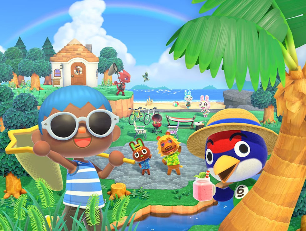 A Black Animal Crossing character smiles and waves from the front left corner of the shot. A blue and red robin character pops out from behind a palm tree to the right. In the background, there is a grassy area and beach-front where various animal characters pose or engage in activities. In the far back left corner, there is a house sitting on a cliffside surrounded by trees.