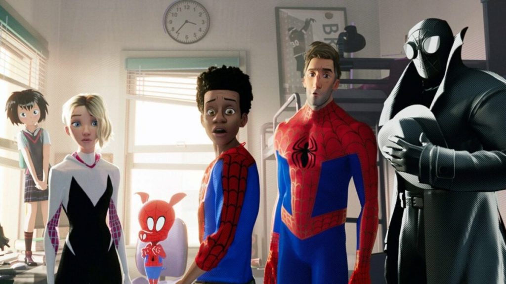 Peni Parker, Gwen Stacy, Spider-Ham, Miles Morales, Peter B. Parker, and Spider-Noir in Spider-Man: Into the Spider-Verse (2018). 