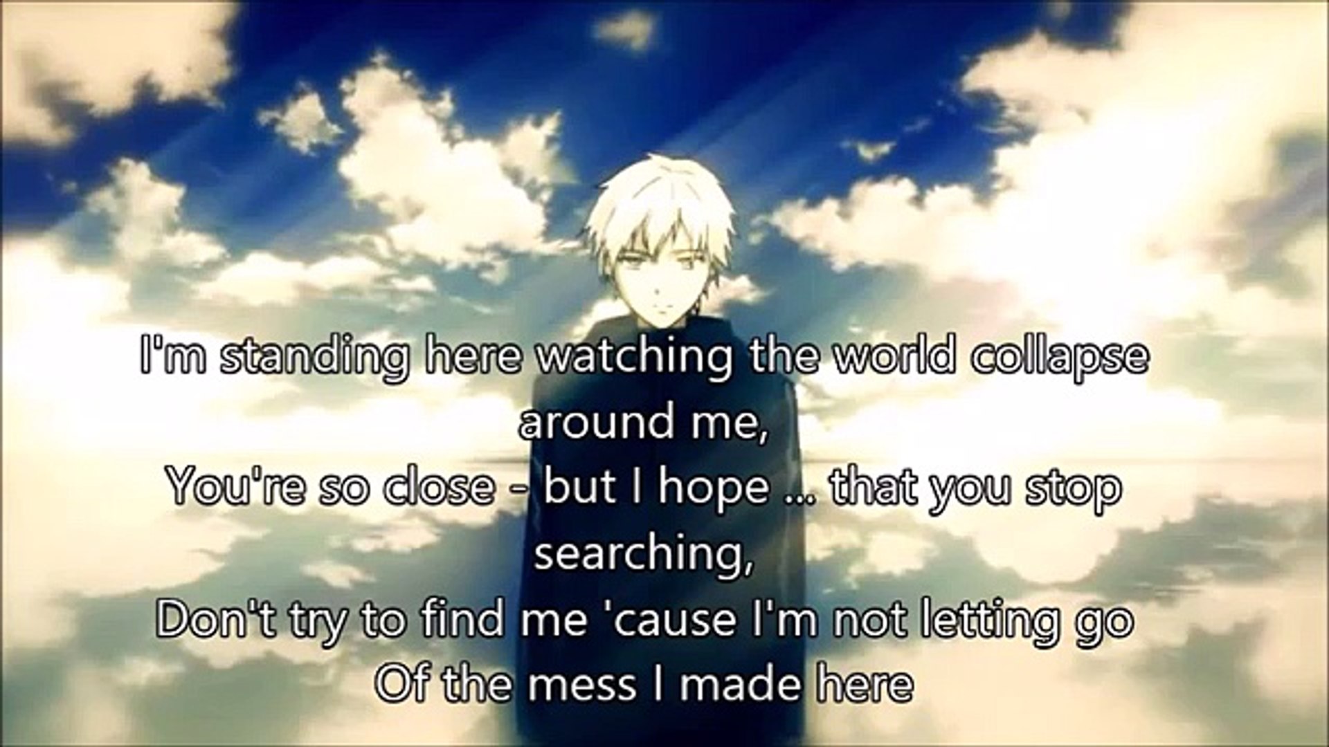 A frame from "Tokyo Ghoul"'s opening with English lyrics superimposed on top. 