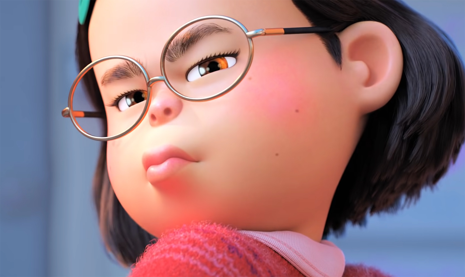 A close-up frame of Mei looking confident. 