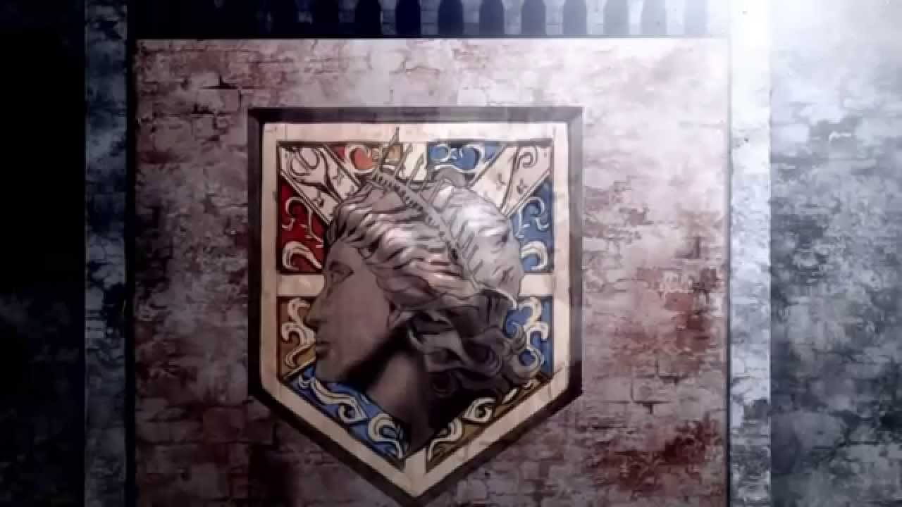 The opening shot to "Attack on Titan"'s first opening showing the Wall Maria symbol. 