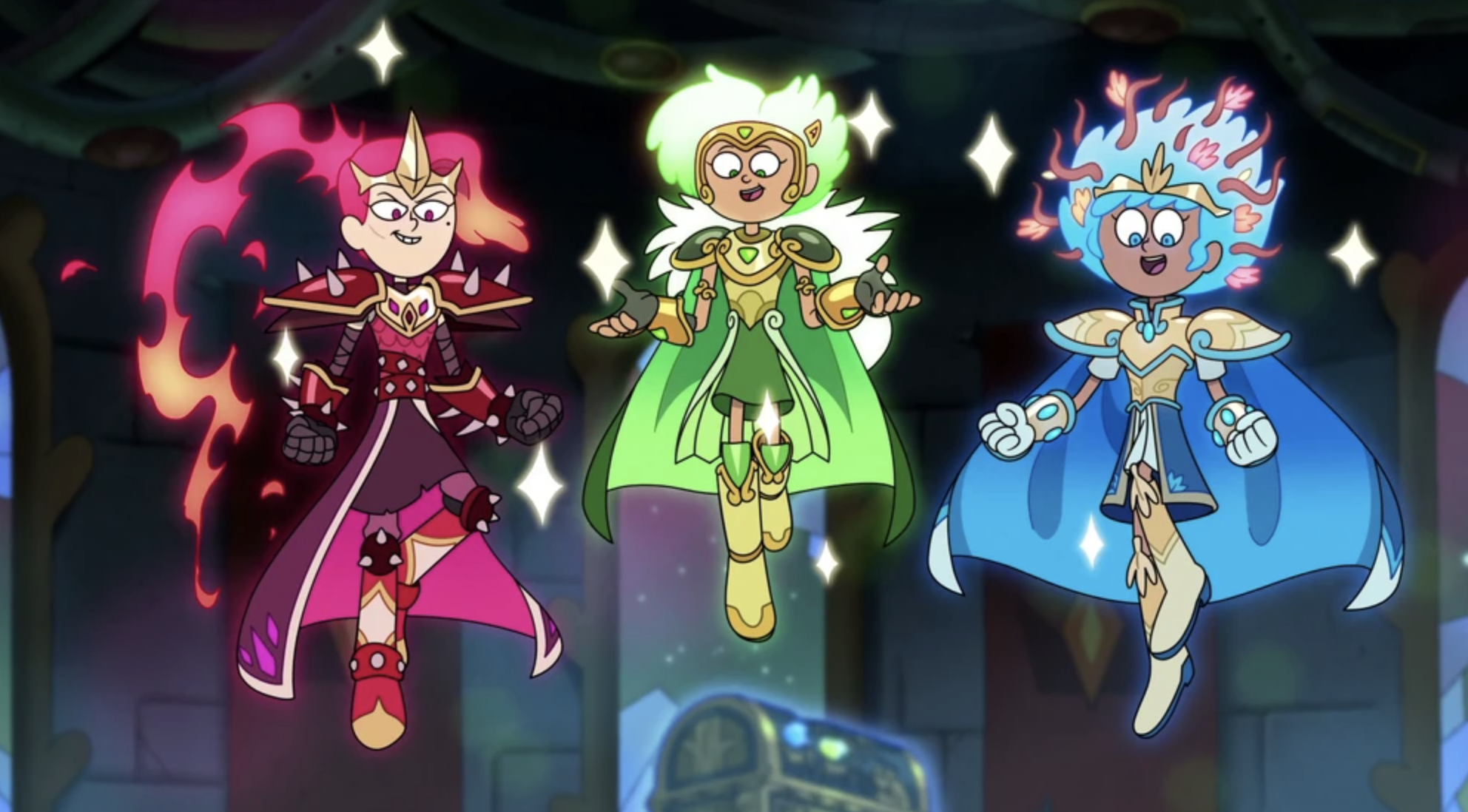 Sasha, Marcy, and Anne all receive their full powers from the Calamity Box. They float in the air, wearing anime inspired armor, and glow pink, green, and blue. 