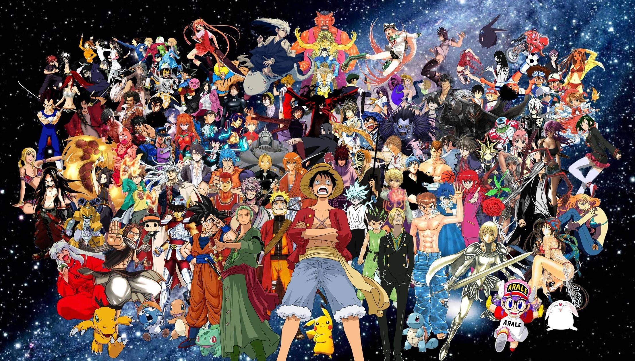 A mass of anime characters on top of an image of space from the website "MyAnimeList." 