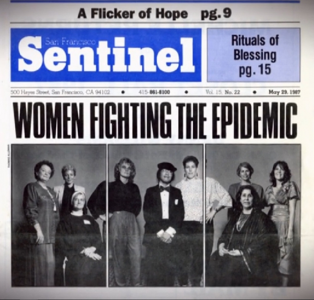 A newspaper clipping from the San Francisco Sentinel reads, "Women Fighting The Epidemic," showing a picture of women underneath. 