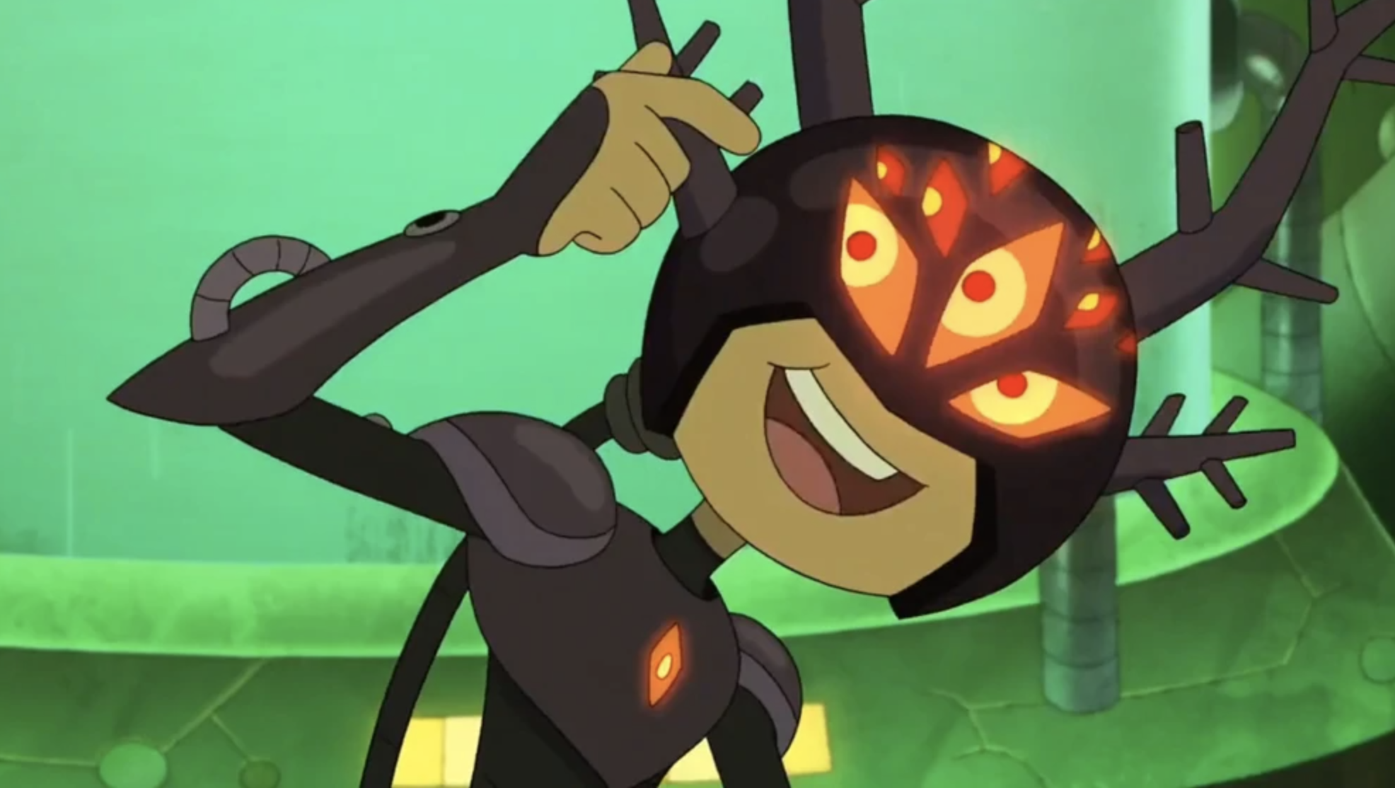 The Core possesses Marcy through a black helmet with multiple glowing orange eyes. 