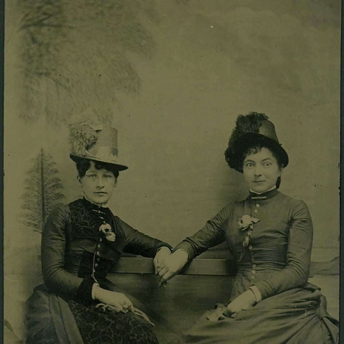 An image from Erin Blakemore's article "Women Got ‘Married’ Long Before Gay Marriage," showing two women from the 19th century holding hands. 