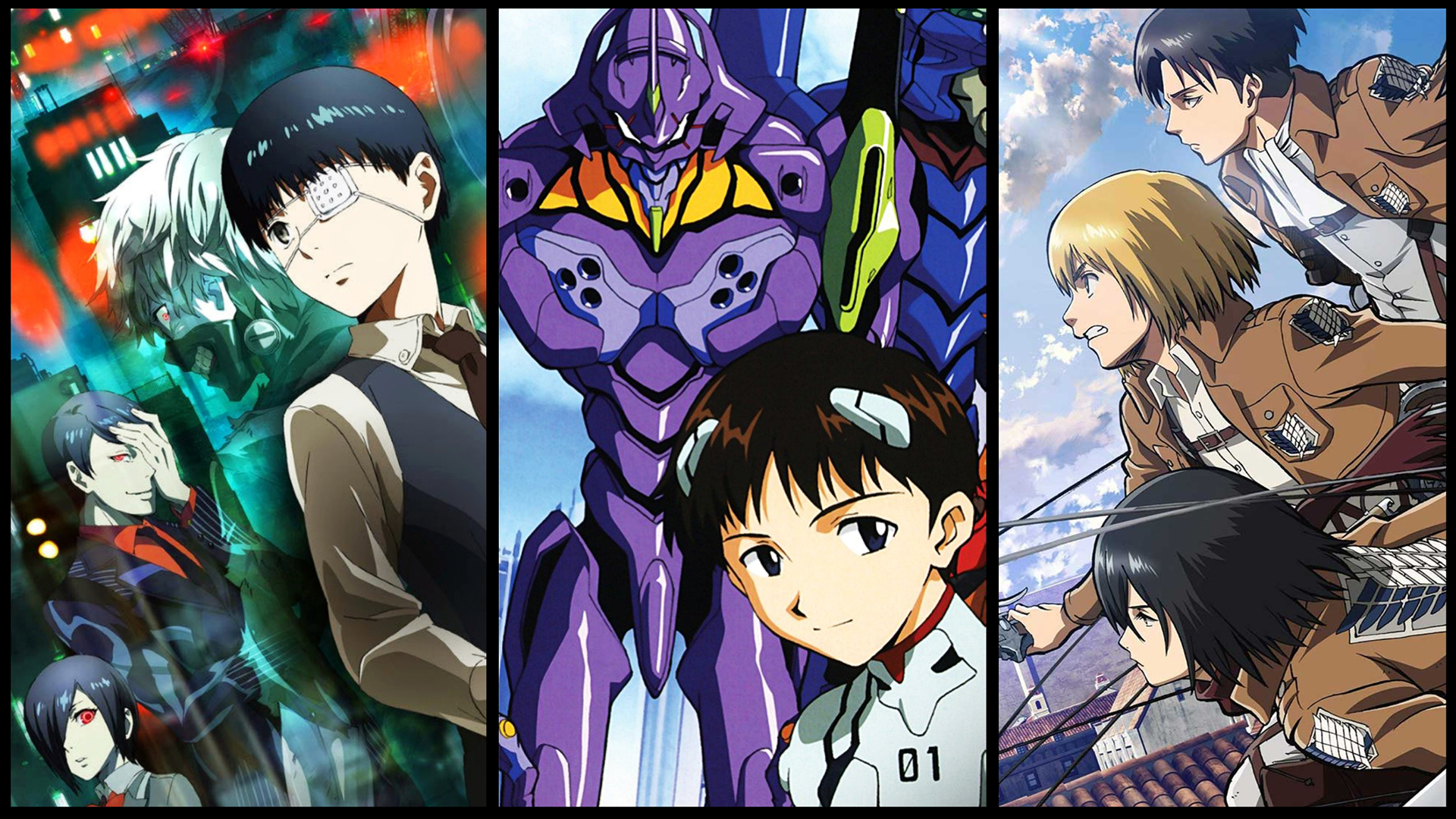 A lineup of different anime; left to right, Tokyo Ghoul, Neon Genesis Evangelion, and Attack on Titan.