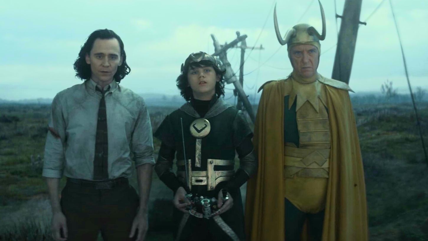 Tom Hiddleston as 2012 Loki, Jack Veal as Kid Loki, and Richard E. Grant as Classic Loki in Loki (2021-).