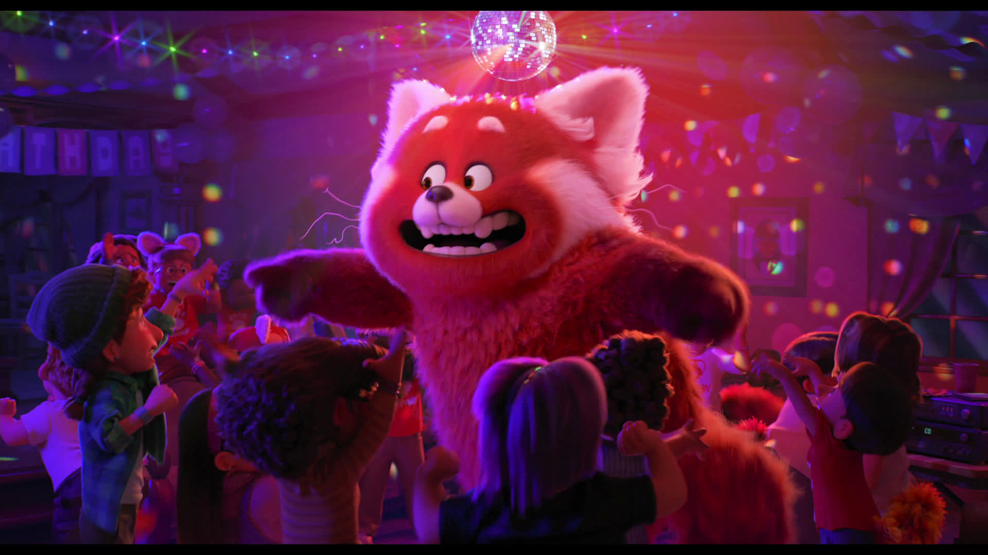 A frame from "Turning Red" where Mei in red panda form parties with her friends and people from her school at Tyler's birthday party. 