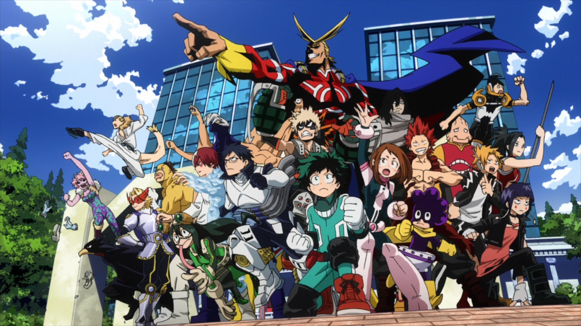 The ending shot of the opening to "My Hero Academia." 