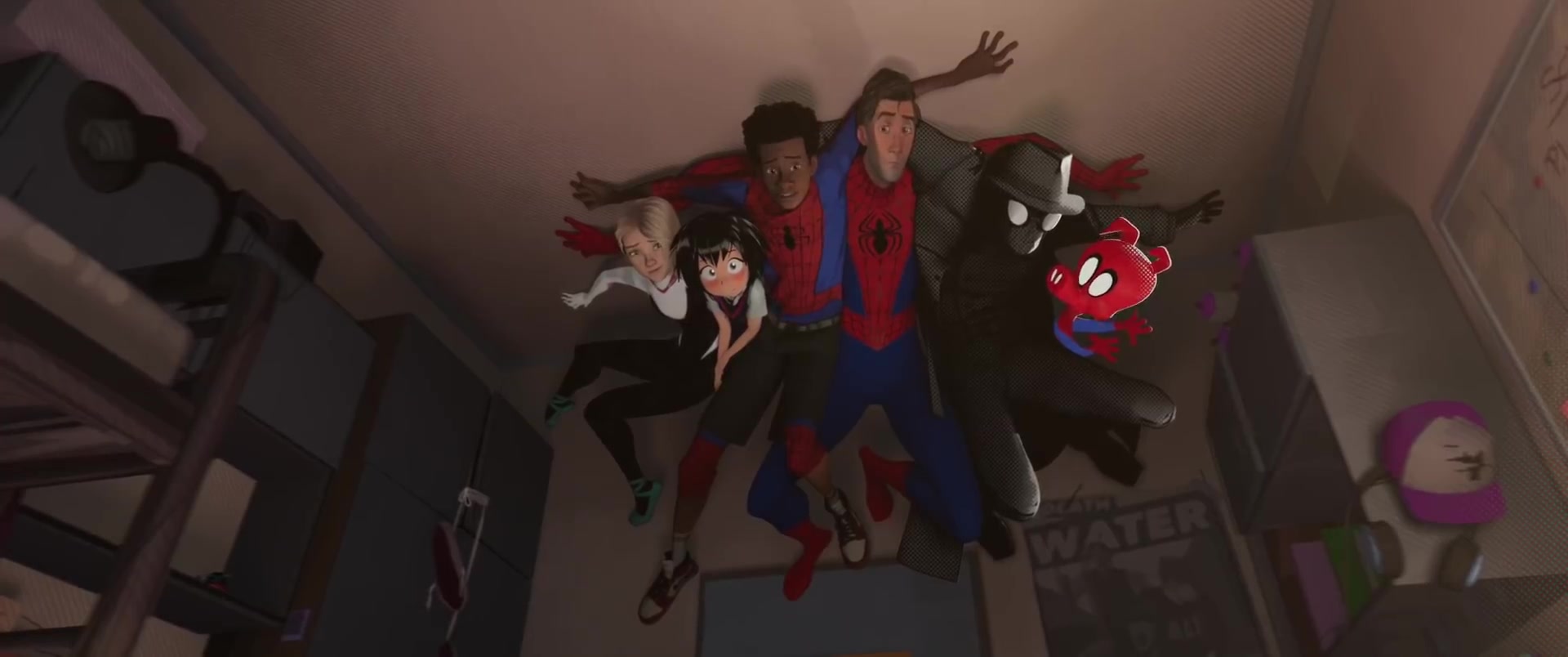 Gwen Stacy, Peni Parker, Miles Morales, Peter B. Parker,  Spider-Noir, and Spider-Ham in Spider-Man: Into the Spider-Verse (2018). 