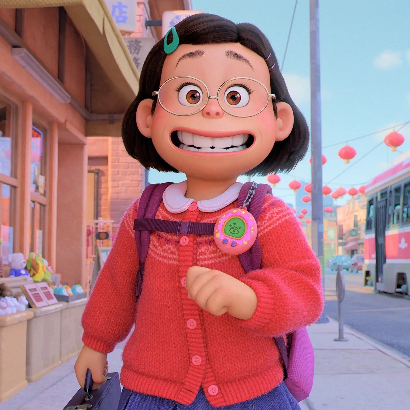 Mei Lee from "Turning Red" walking down the street, smiling. 