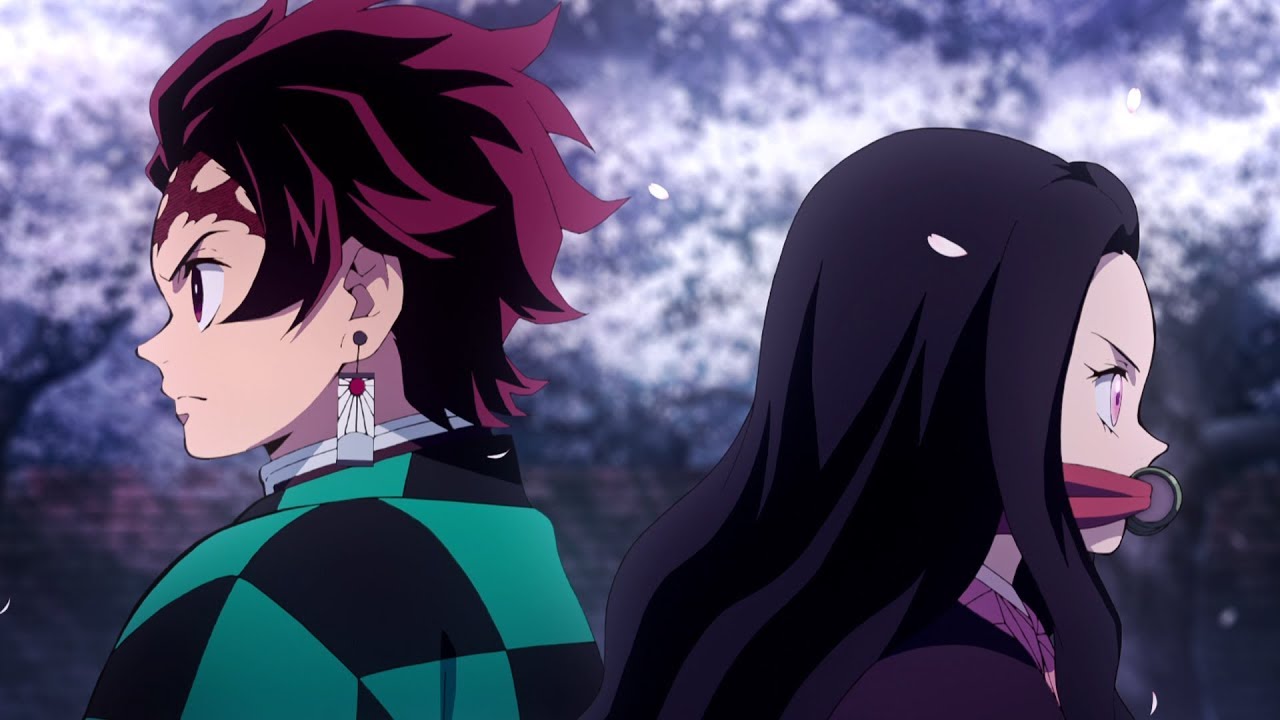 Characters from anime "Demon Slayer" Tanjiro Kamado and his sister Nezuko Kamado back to back. 