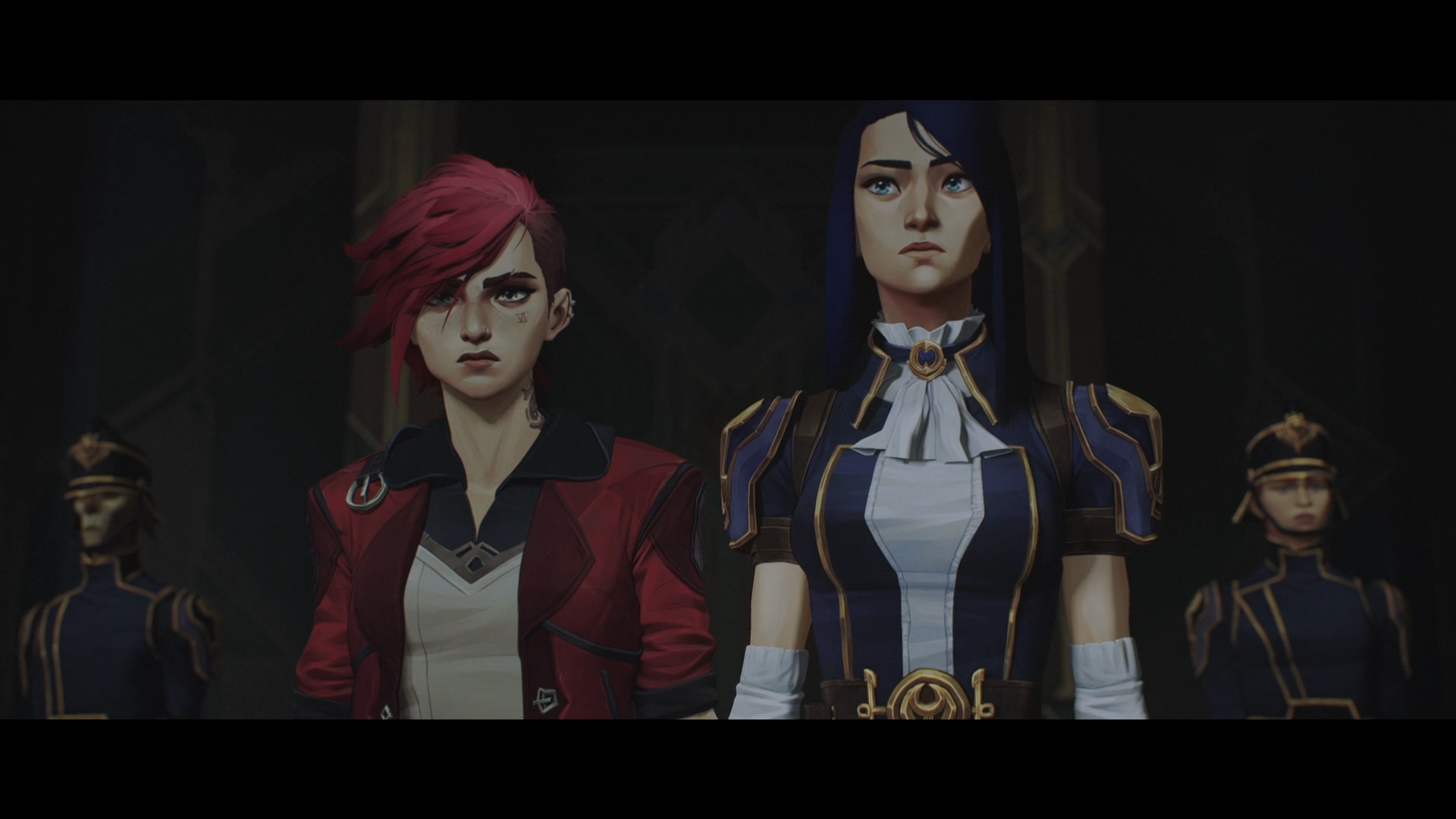 Two characters from the show "Arcane," Vi and Caitlyn, standing next to each other. 