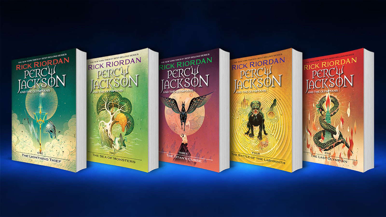 The "Percy Jackson" series is digitally rendered onto a black and blue background. The books are lined up and sngled slightly so that each of their covers can been seen.