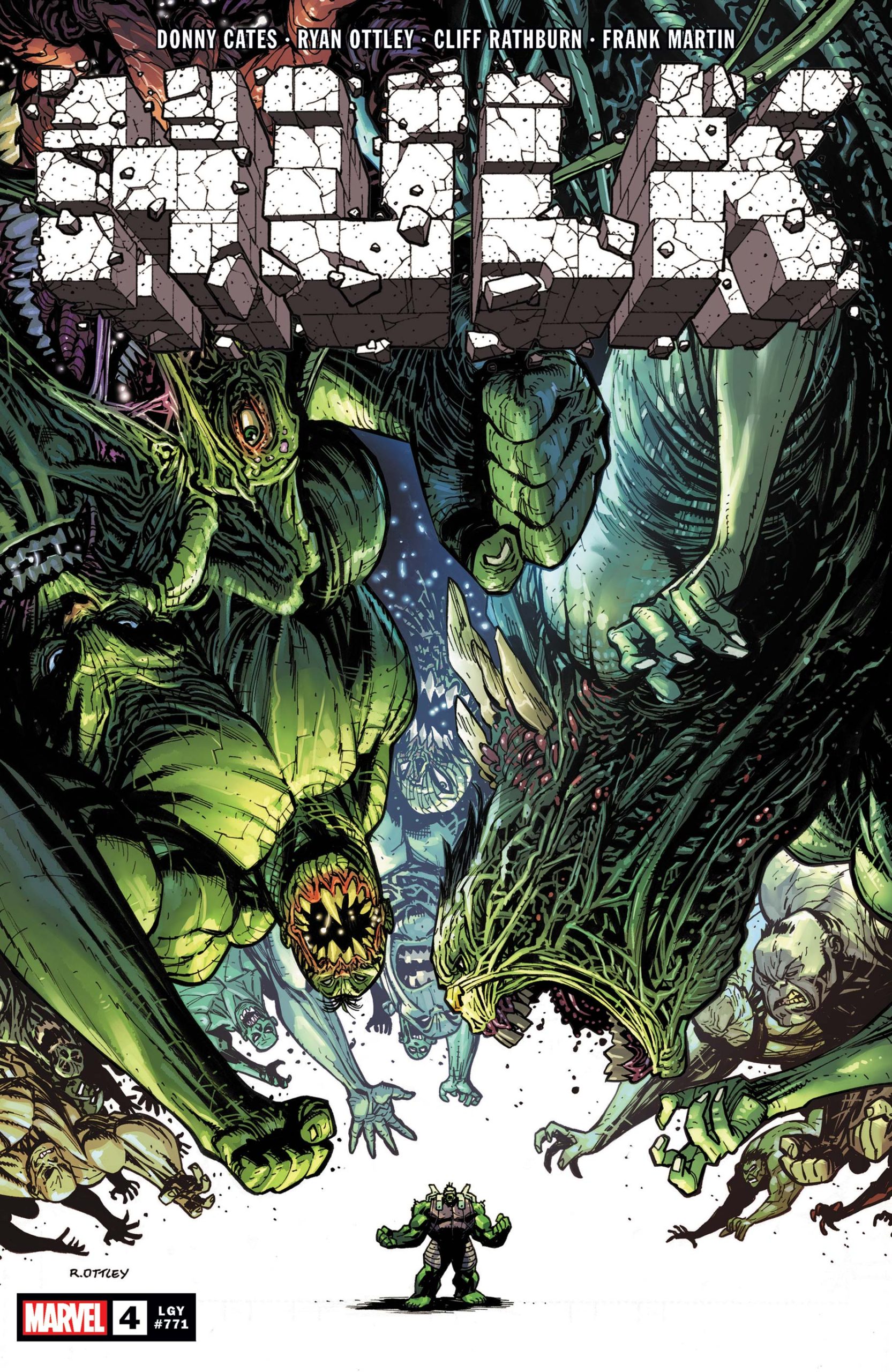 Cover to Hulk #4 by Ryan Ottley, Cliff Rathburn, and Frank Martin depicting Starship Hulk fighting an onslaught of gamma mutants.