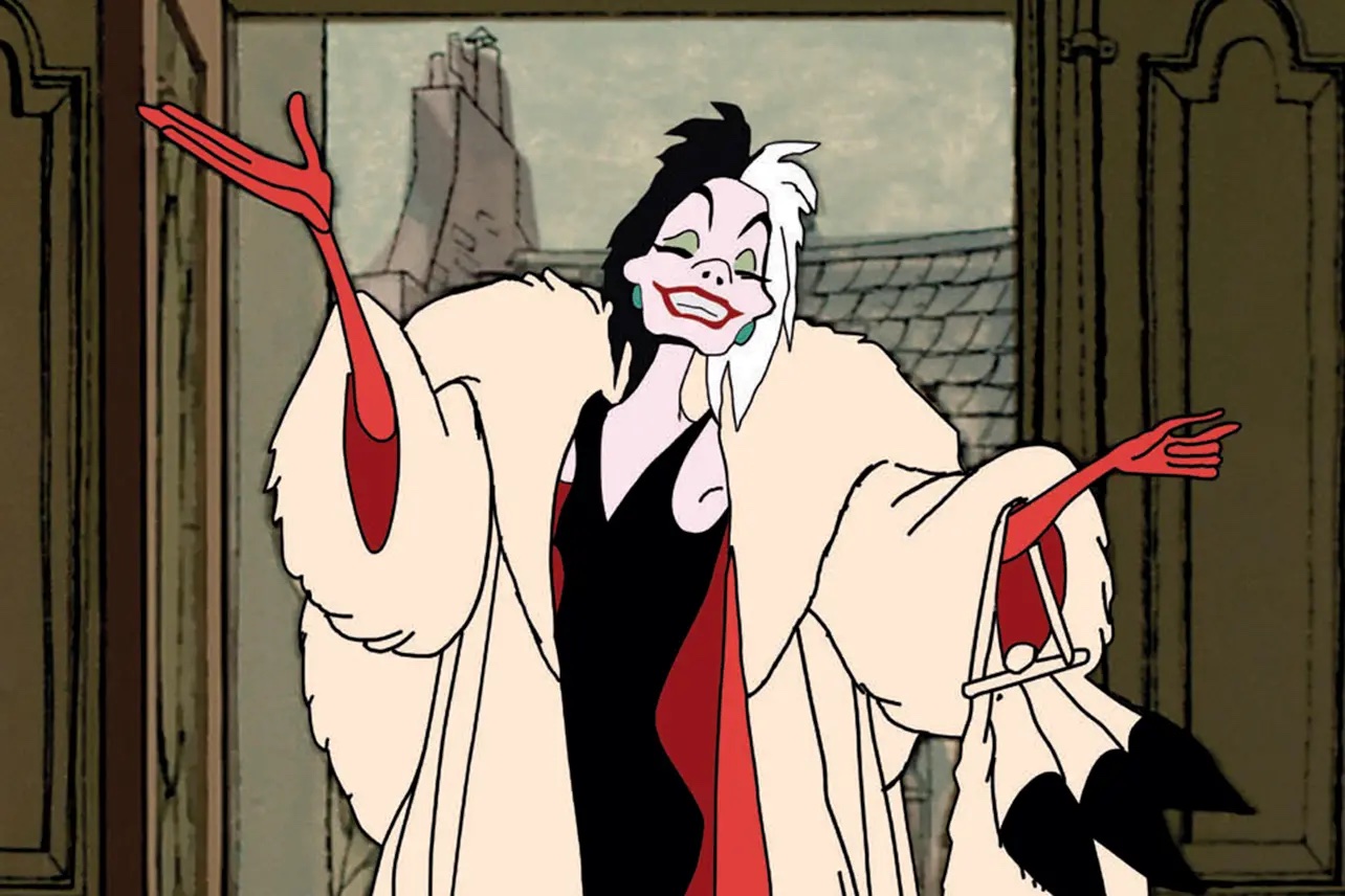 A still of Cruella from the film "101 Dalmations." 