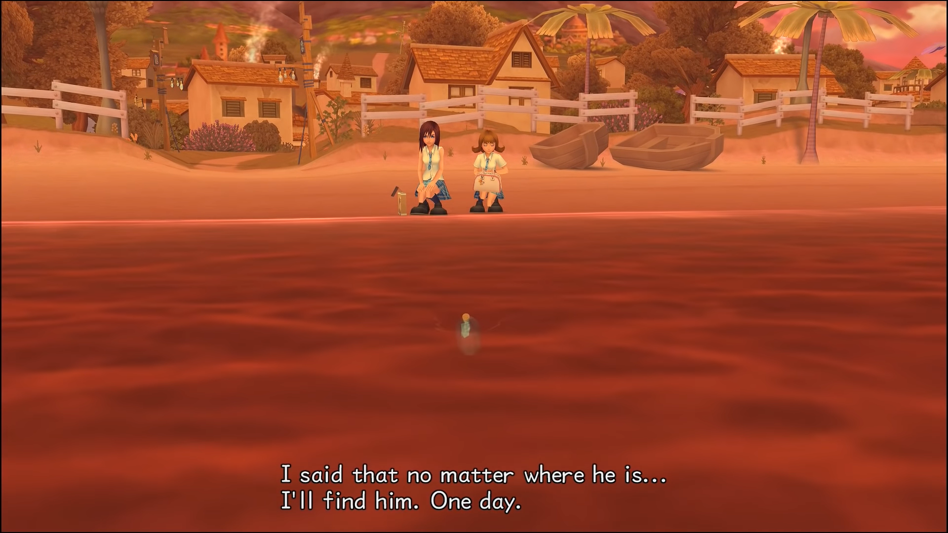 "kingdom Hearts II". 2007. Square Enix. Kairi and Selphie watch the bottled message float away.