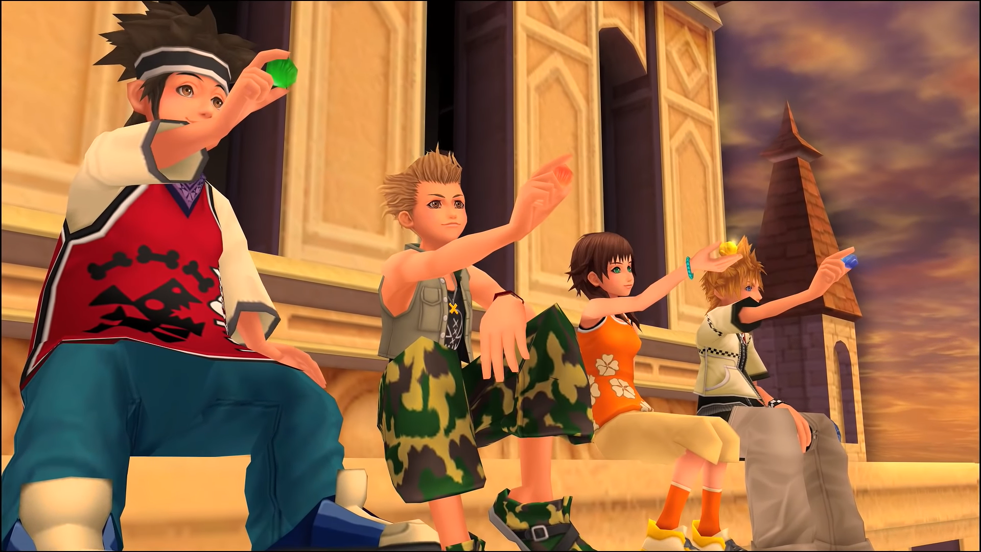 "kingdom Hearts II". 2007. Square Enix. Hayner, Pence, Olette, and Roxas sit atop the clock tower, holding up their crystals.