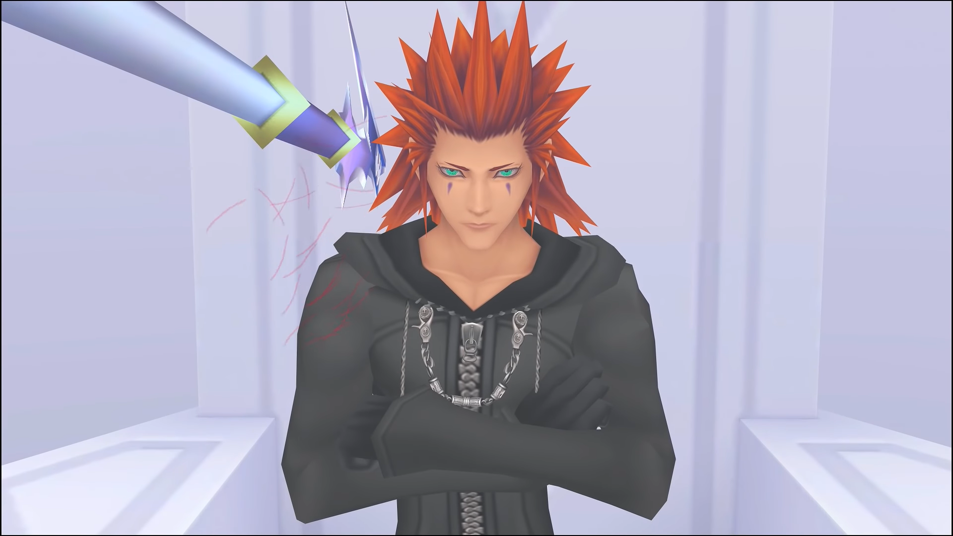 "kingdom Hearts II". 2007. Square Enix. Axel is threatened with a lance.
