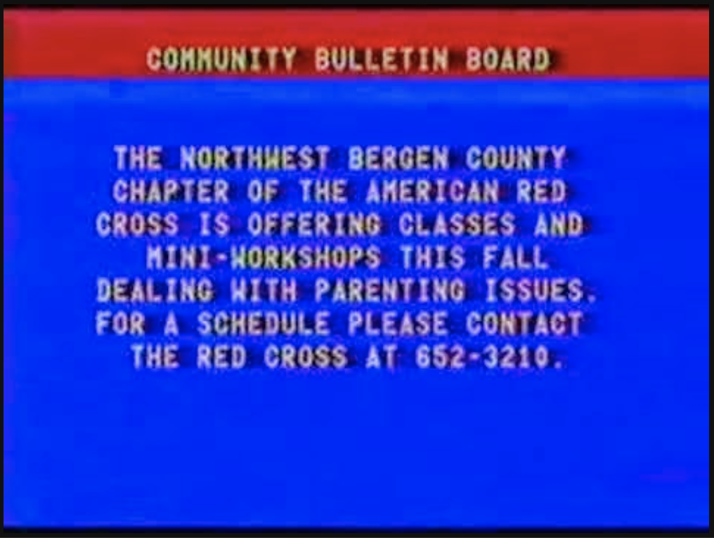 A grainy screenshot of a Community Bulletin Board broadcast from Northwest Bergen County about American Red Cross parenting classes and workshops. The top of the blue background has a red bar.