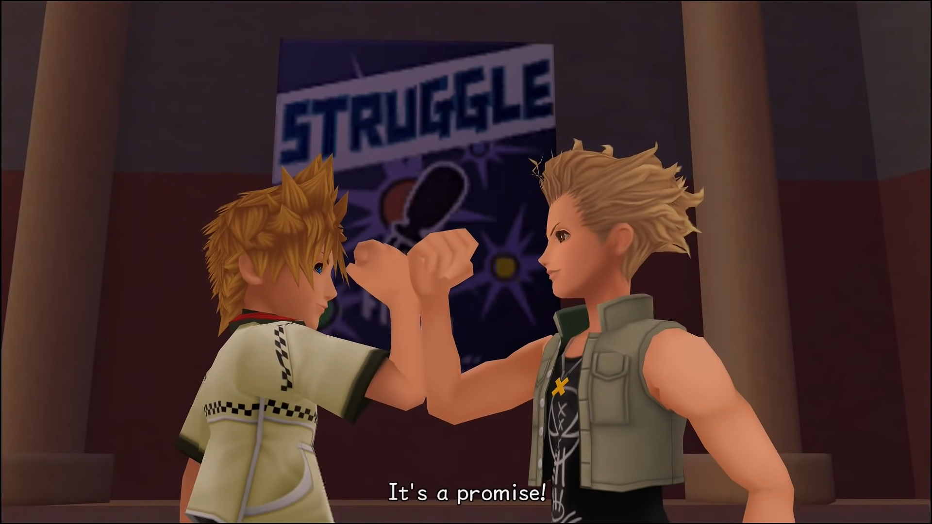 "kingdom Hearts II". 2007. Square Enix. Roxas and Hayner making a promise in front of the Struggle poster.