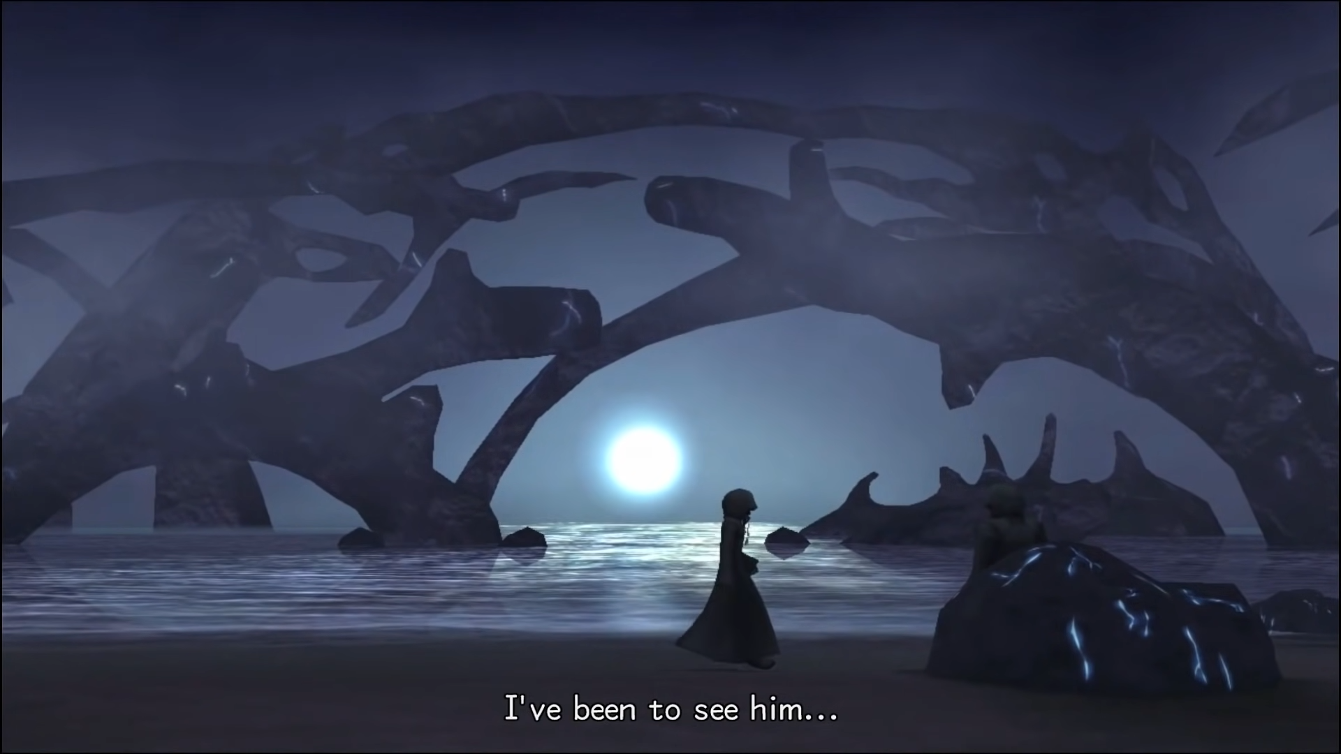 "Kingdom Hearts II". 2007. Square Enix. Two hooded figures are meeting on a dark coast line with a light in the distance.