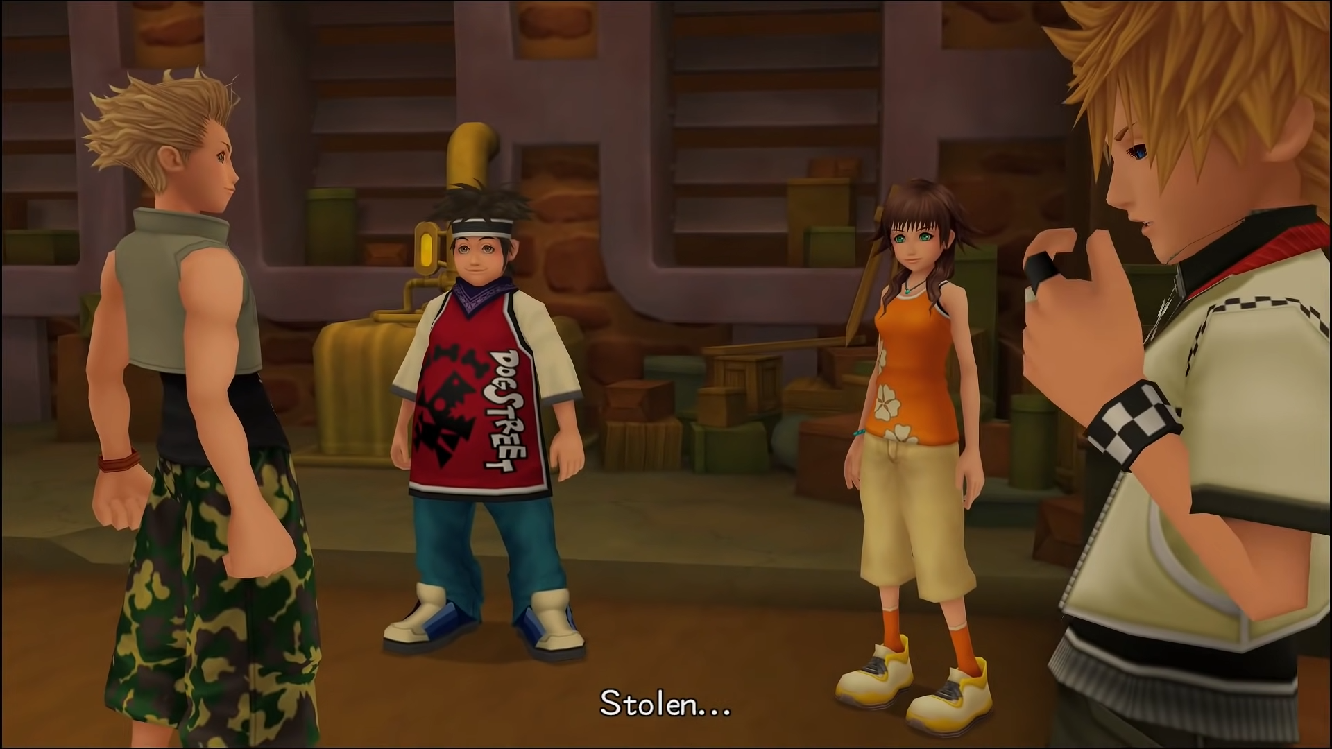 "kingdom Hearts II". 2007. Square Enix. Roxas, Hayner, Pence, and Olette in the usual spot.