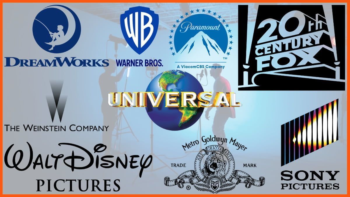 An array of movie studios: DreamWorks, Warner Bros., Paramount, 20th Century Fox, Sony Pictures, Metro Goldwyn Mayer, Walt Disney Pictures, Universal, and The Weinstein Company.
