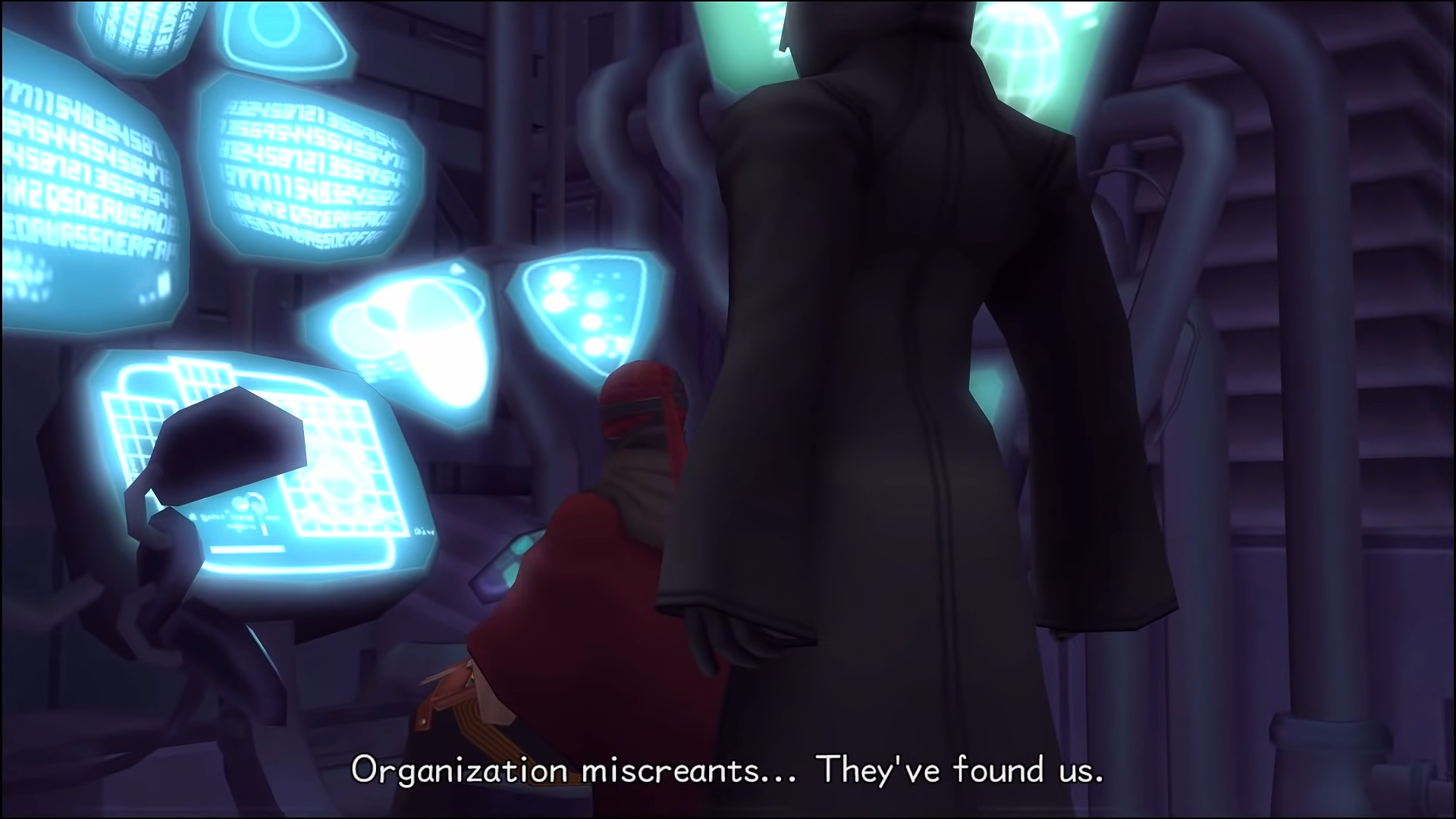 "kingdom Hearts II". 2007. Square Enix. Diz and the hooded man in the computer room.