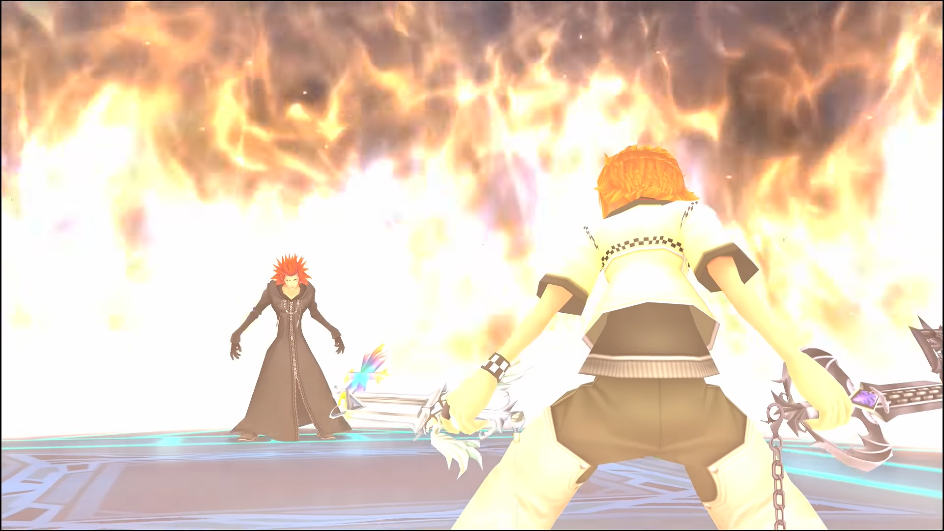 "kingdom Hearts II". 2007. Square Enix. Axel challenges Roxas who weilds two keyblades.