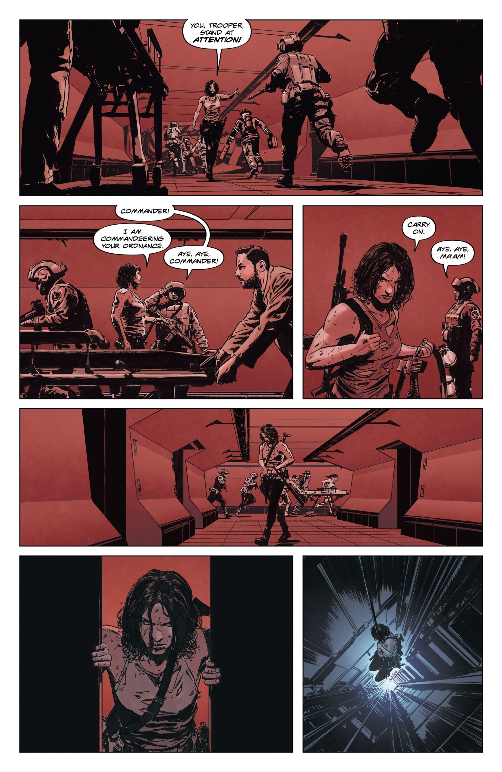 Forever gets weapons, preparing to blow up the Carlyle base. Lazarus: Risen #7. Image Comics. 2022.