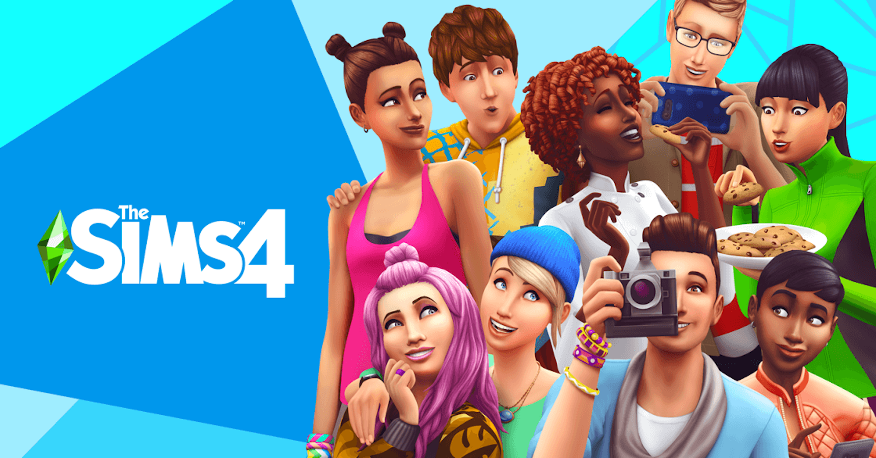 A logo for The Sims 4 sits on a bright blue background. Nine sims of different ages, races, and genders are huddled to the right, each holding an item or interacting with one another.