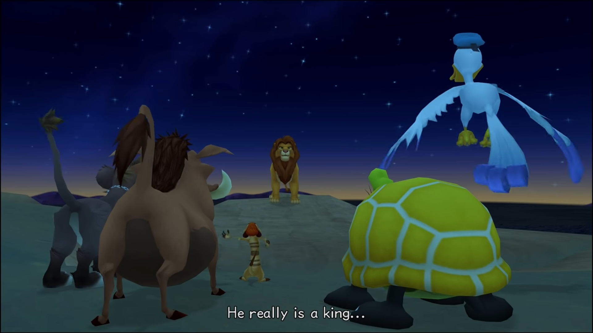 "Kingdom Hearts II". 2007. Square Enix. Disney. Sora, Donald, Goofy, Timon, and Pumba stand before Simba.