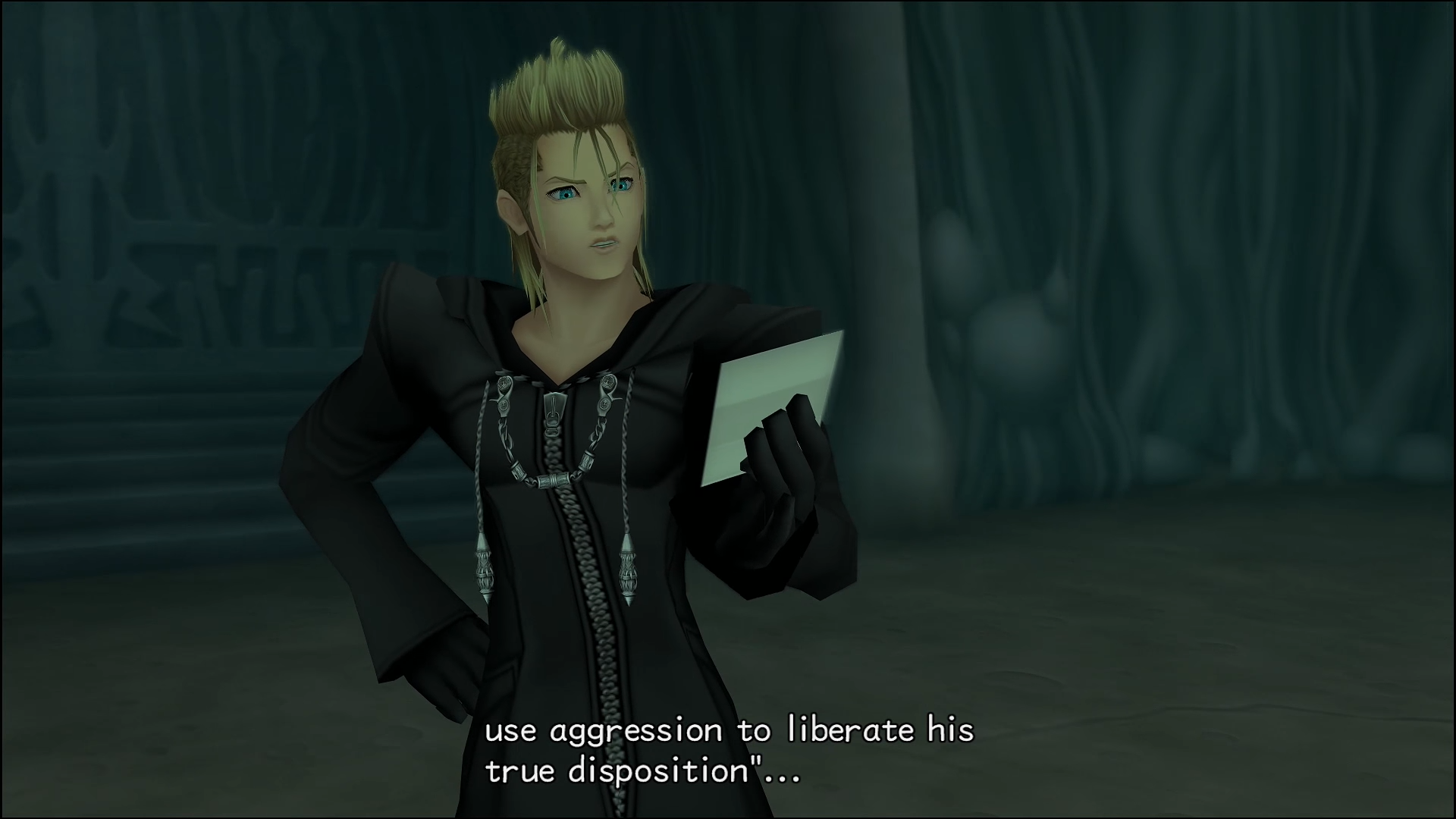 "Kingdom Hearts II". 2007. Square Enix. Disney. Demyx reads his instructions from the Organization.