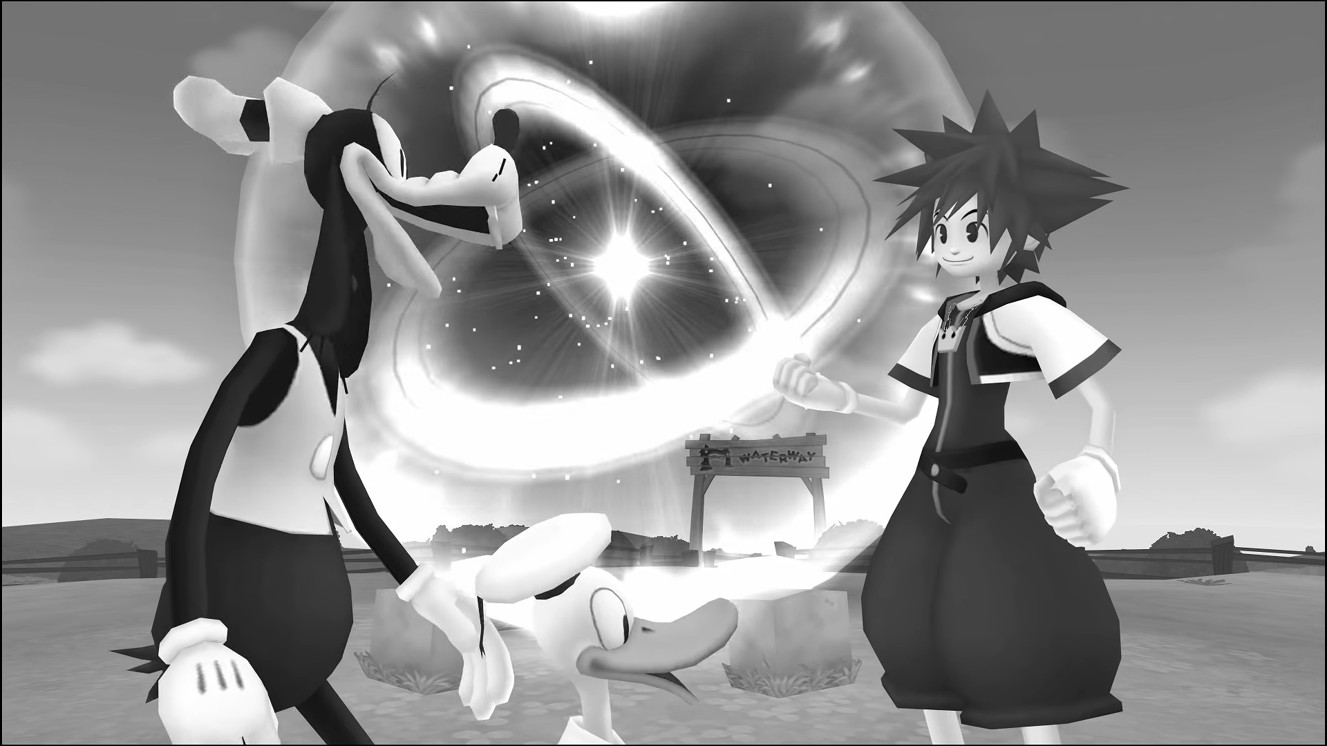 "Kingdom Hearts II". 2007. Square Enix. Disney. Sora, Donald, and Goofy stand before the Cornerstone of Light in Timeless River.