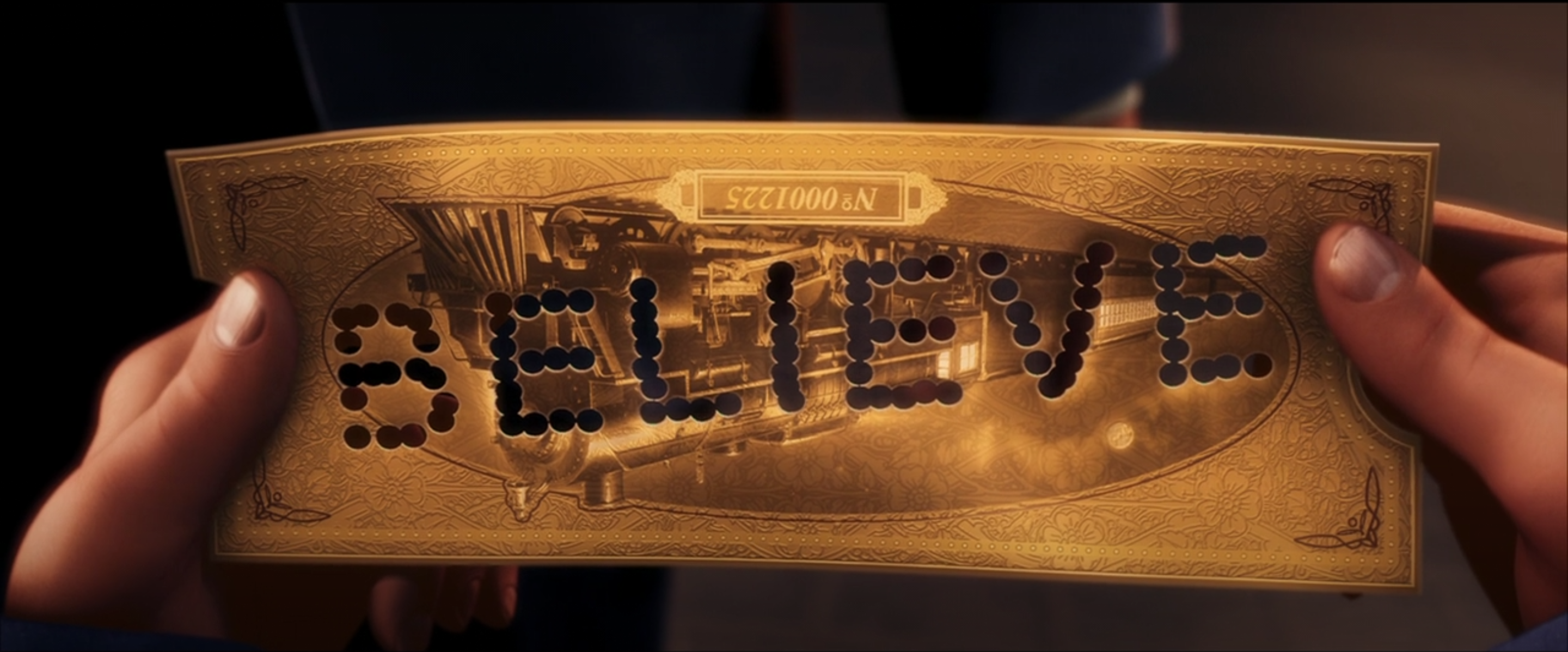 Zemeckis, Robert, dir. The Polar Express. 2004.
Golden train ticket that reads: "Believe."