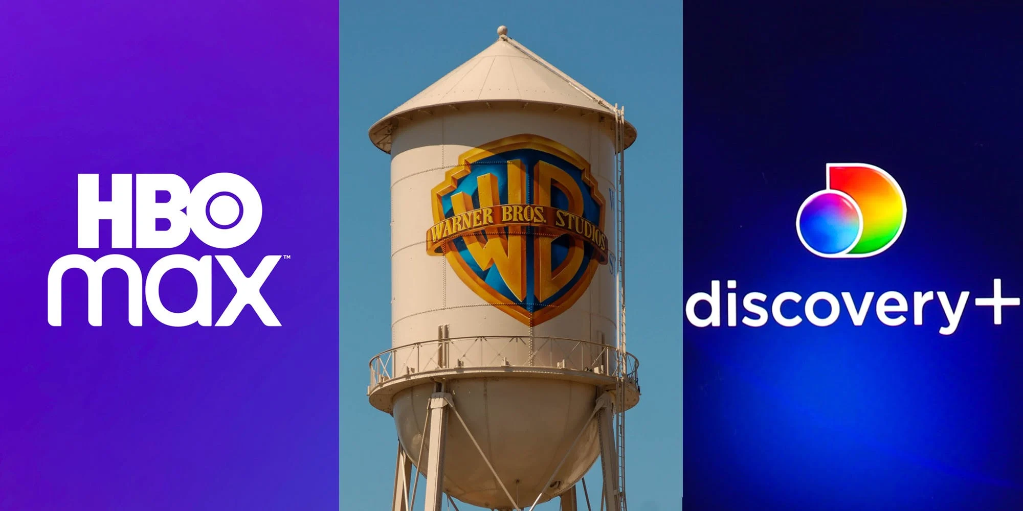 The HBO Max streaming service logo, the Warner Bros. water tower, and the Discover+ streaming service logo are all placed next to each other in a line. 