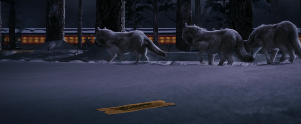 Zemeckis, Robert, dir. The Polar Express. 2004.
The golden ticket behind three wolves in the snow watching the train pass by.