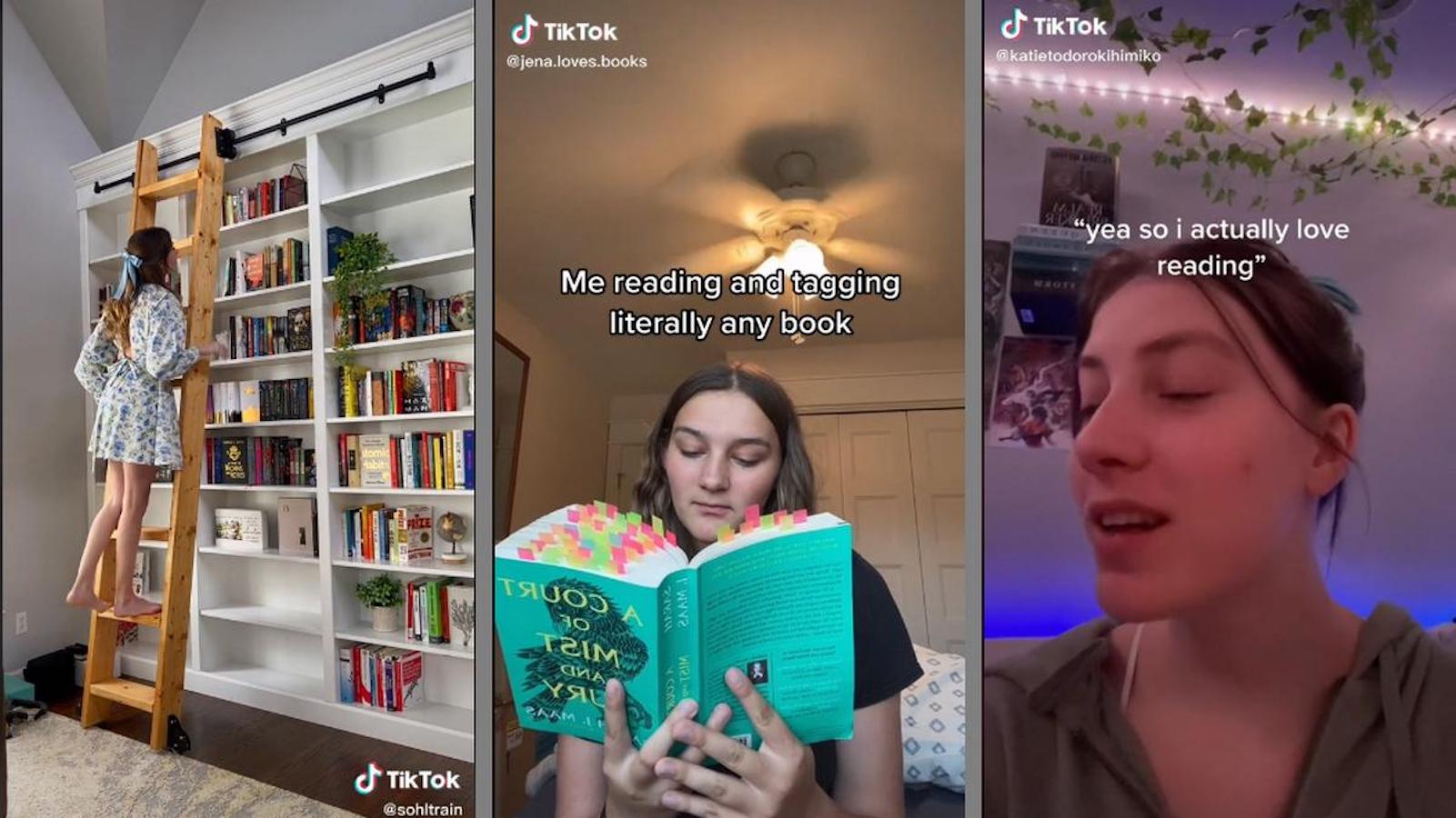 A collage depicts three BookTok influencers. The one on the left shows a feminine person on a bookshelf ladder browsing their books. The middle shows a person a heavily annotated copy of A Court of Mist and Fury by Sara J Maas. The right photo shows a young person saying, "Yea, so I actually love reading."