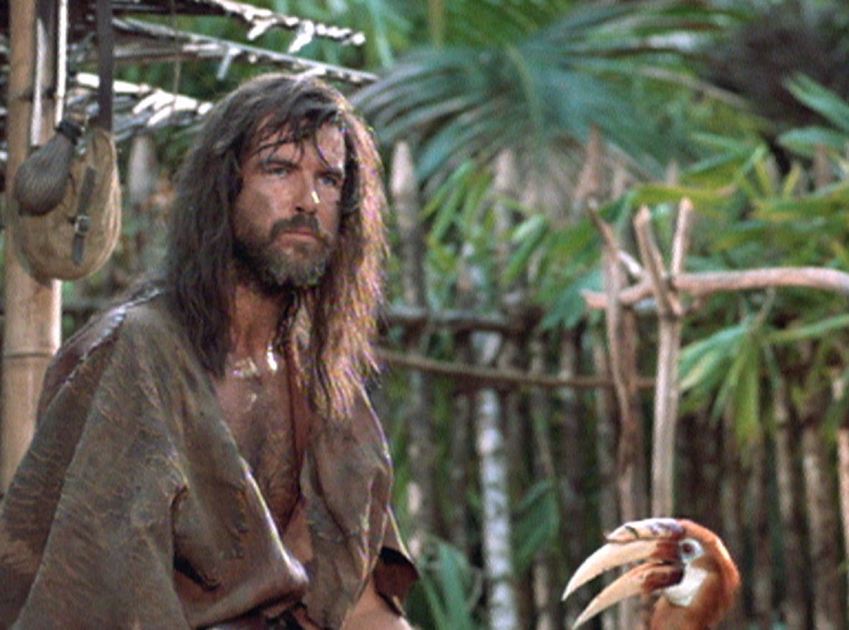 A film still from the 1997 adaptation of Robinson Crusoe. He sits near his shelter, looking scruffy but relatively put together as he stares off into the distance. A colorful parrot is barely visible sitting next to him. 