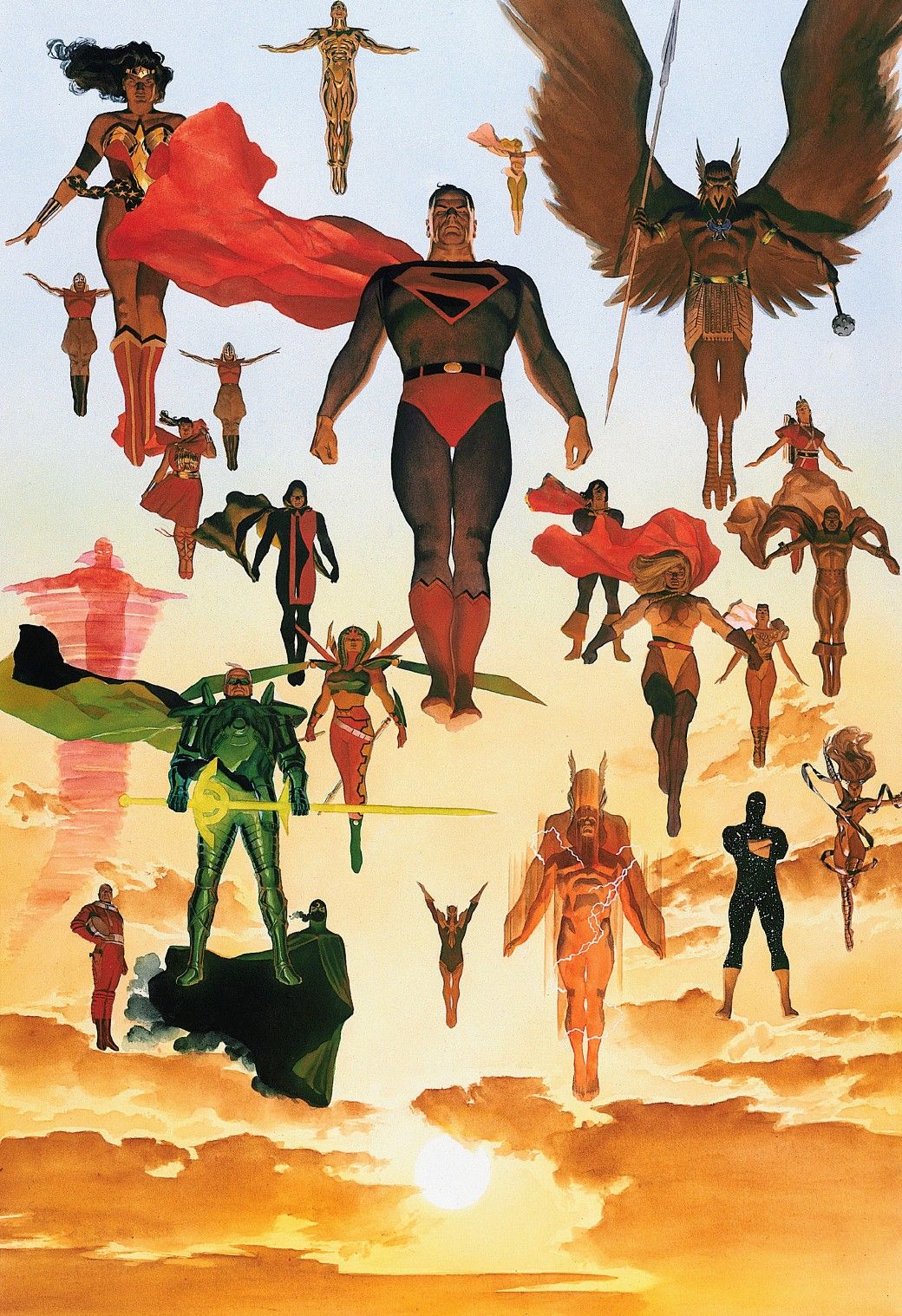 Superman and the Justice League of Earth-22 float in the sky in front of a golden sun.Ross, Alex; Waid, Mark. Kingdom Come. DC. 1996.