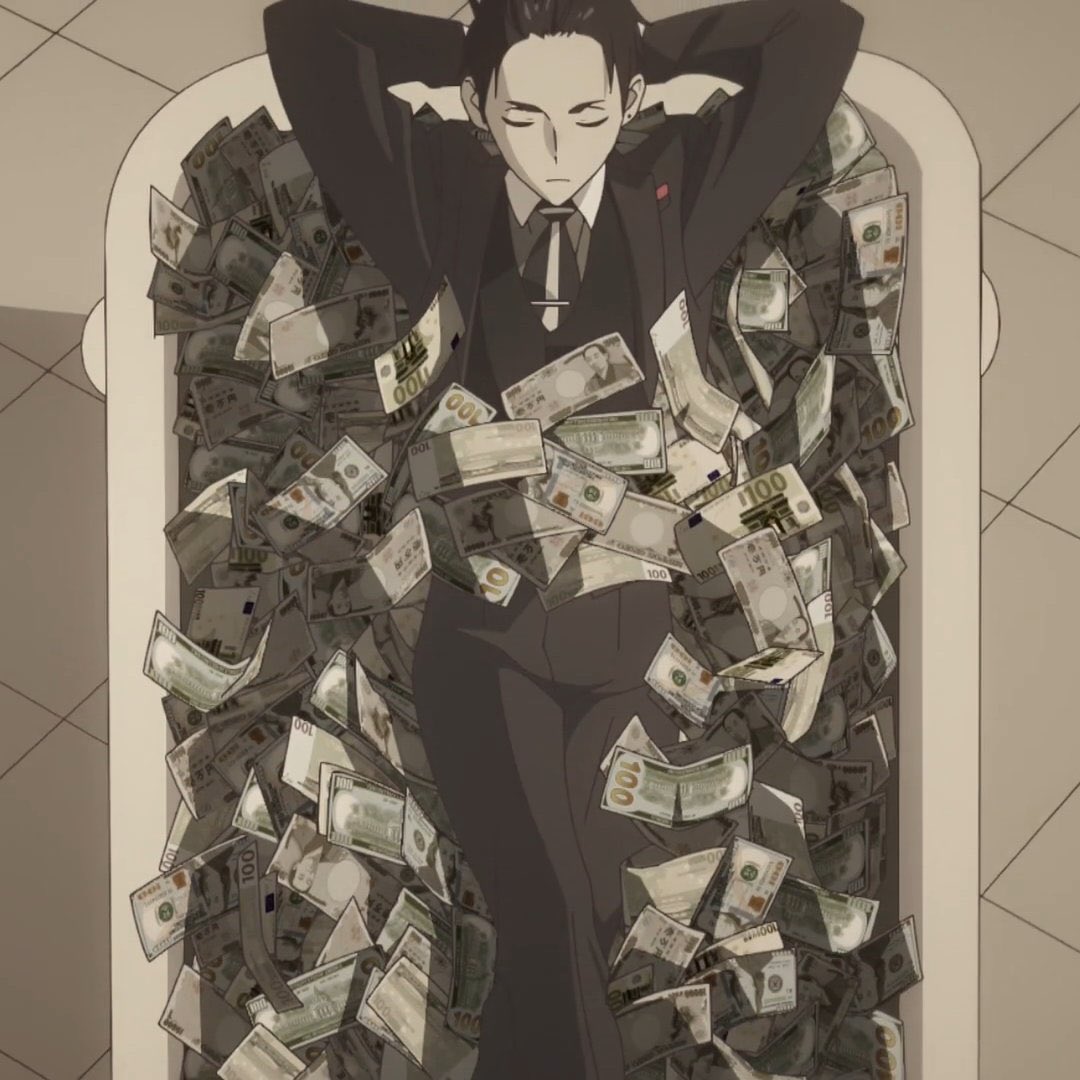 Daisuke Kambe from Fugou Keiji Balance: Unlimited in a bath filled with money. The Millionaire Detective Balance: Unlimited. Yasutaka Tsutsui. 2020.